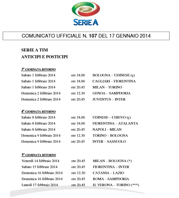 Programma anticipi e posticipi Serie A 01