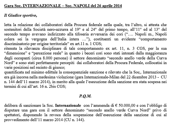 Giudice Sportivo squalifica Curva Nord