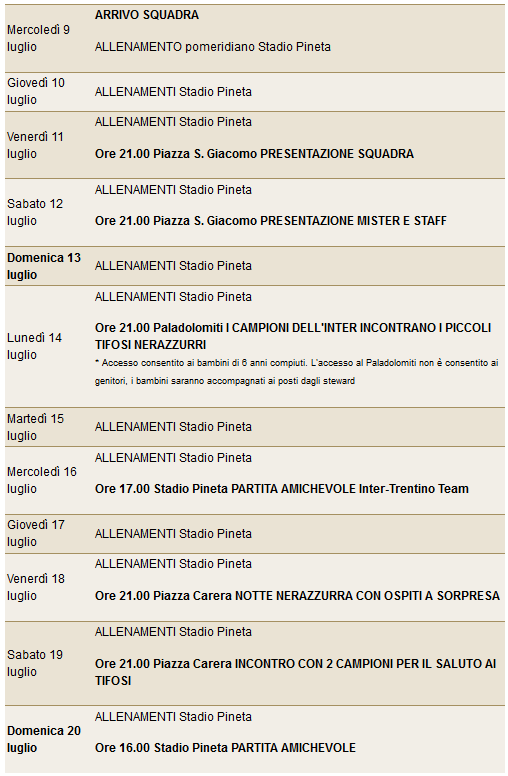 Programma Pinzolo Inter ritiro estivo 2014