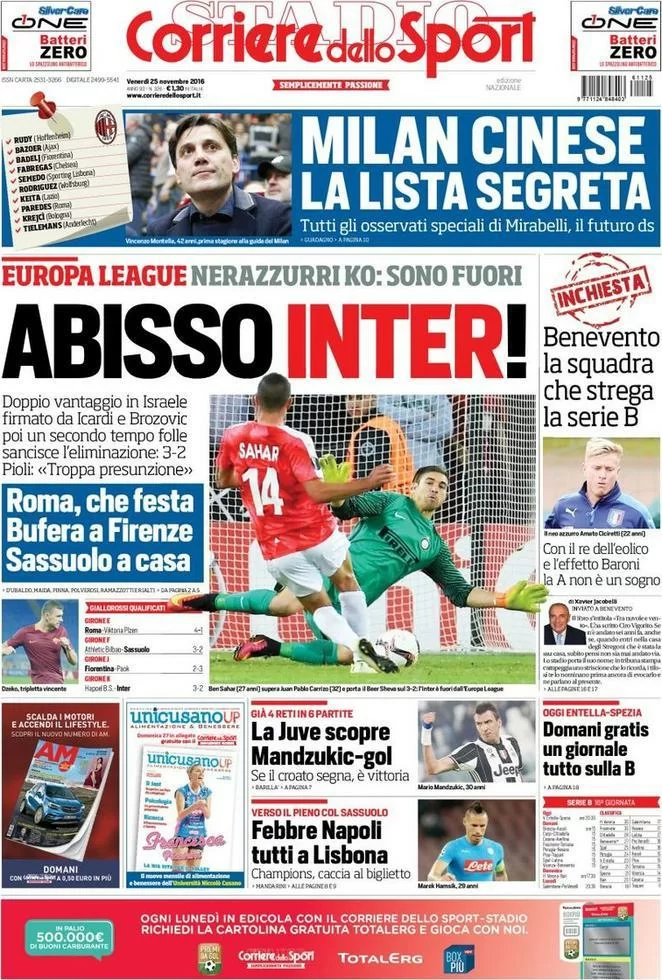 RASSEGNA STAMPA – CdS: “Abisso Inter, fuori dall’Europa League”