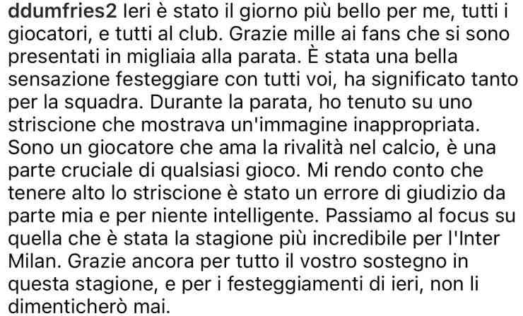 Il messaggio di Dumfries dopo lo striscione contro Theo Hernandez sui social