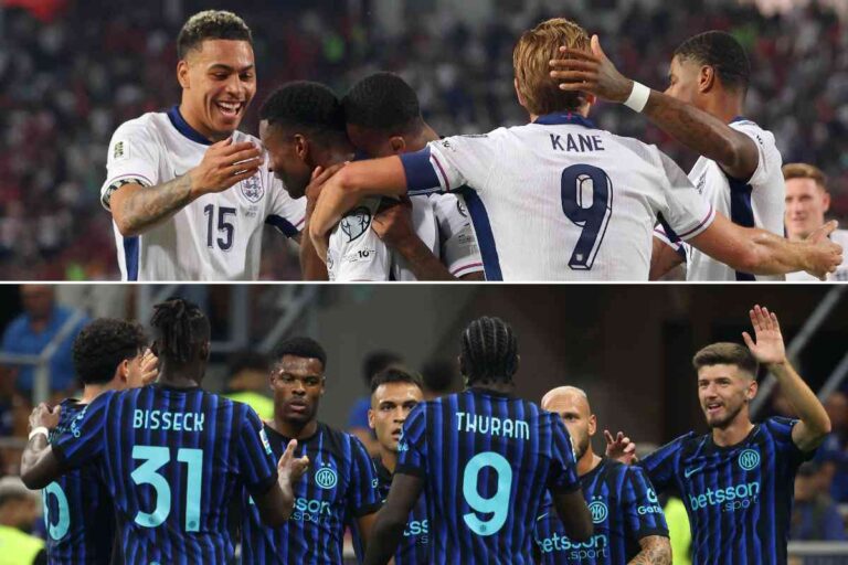 I giocatori dell’Inghilterra esultano dopo un gol in nazionale nel 2025, mentre in basso la squadra dell’Inter festeggia una rete a San Siro: due mondi che si intrecciano nel possibile affare di mercato tra il club nerazzurro e un Nazionale inglese.