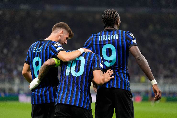 I calciatori dell'Inter Petar Succi, Lautaro Martinez e Marcus Thuram in campo