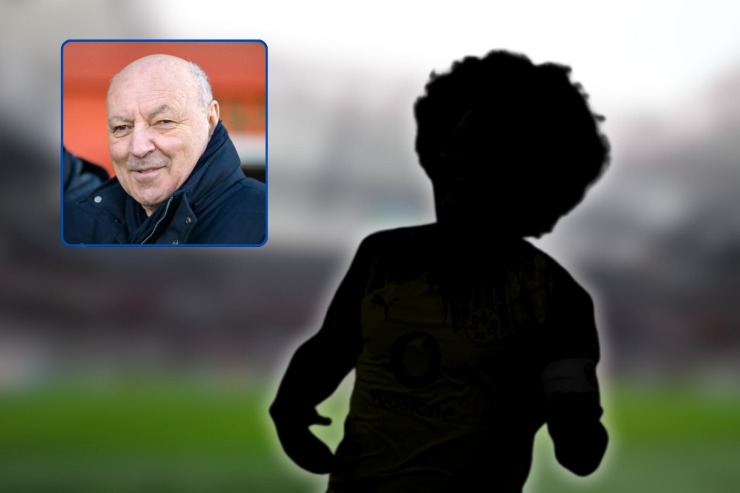 Montaggio grafico con la foto di Giuseppe Marotta in primo piano e la silhouette di un calciatore sullo sfondo