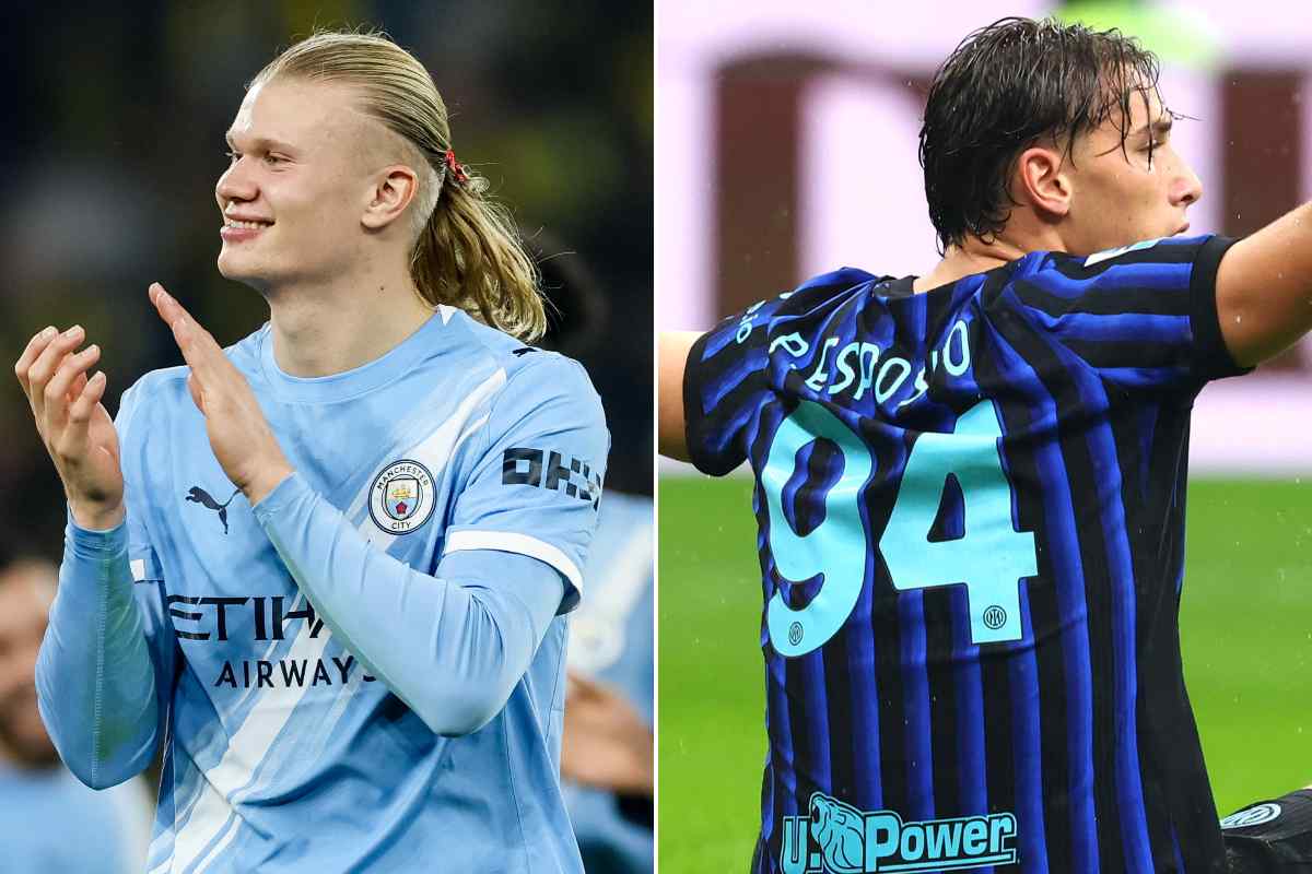 Collage che ritrae Erling Braut Haaland e Pio Esposito uno fianco all'altro