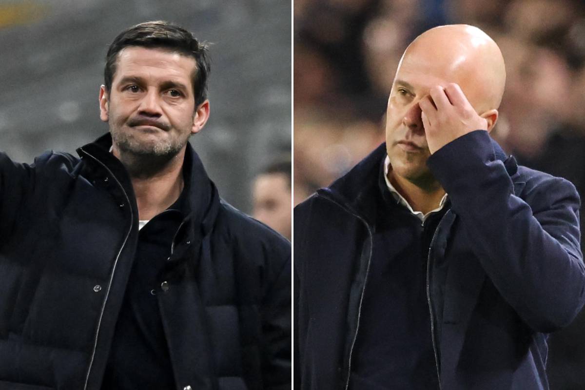 Collage che ritare l'allenatore dell'Inter Chivu e l'allenatore del Liverpool Slot
