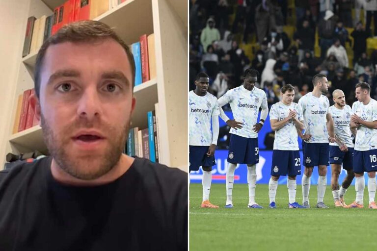 Collage che ritrae l'esperto di mercato Fabrizio Romano al fianco dei giocatori dell'Inter delusi per la sconfitta contro il Bologna