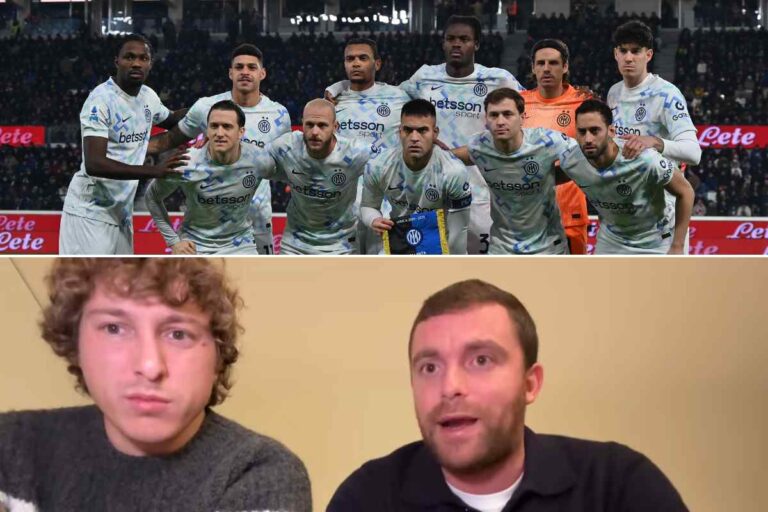 Collage con la formazione dell’Inter in campo e Fabrizio Romano insieme a Matteo Moretto durante un intervento sulle possibili uscite di mercato nel 2026.