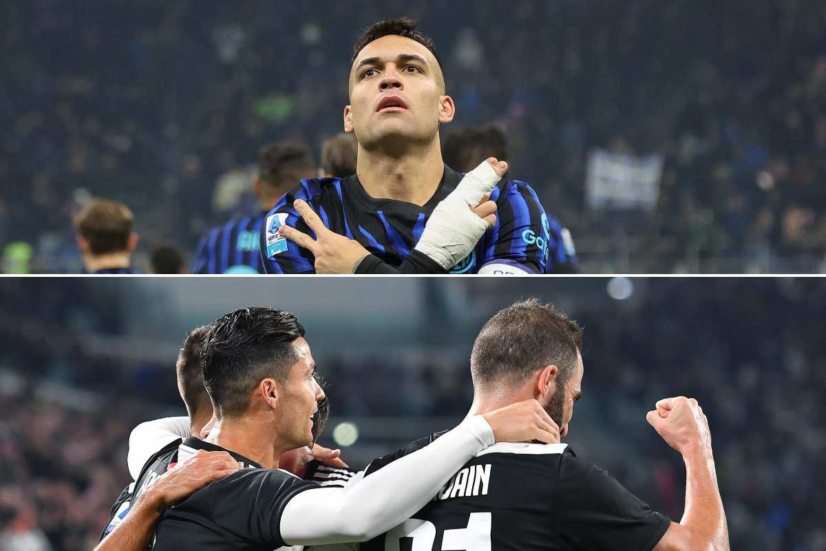 Lautaro Martínez dell’Inter esulta a San Siro mentre Cristiano Ronaldo e Gonzalo Higuaín celebrano con la Juventus durante una partita di Serie A