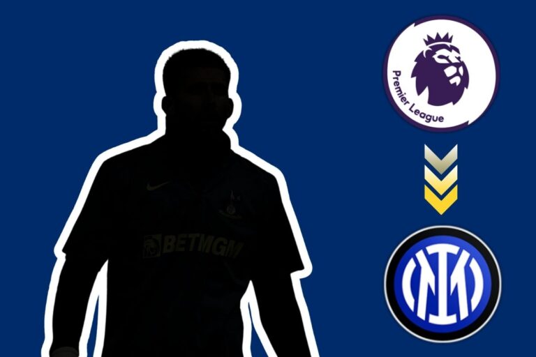 Immagine oscurata di Guglielmo Vicario accanto ai loghi di Premier League e Inter