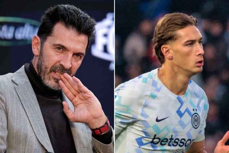 Collage con Gianluigi Buffon e l'attaccante dell'Inter Pio Esposito