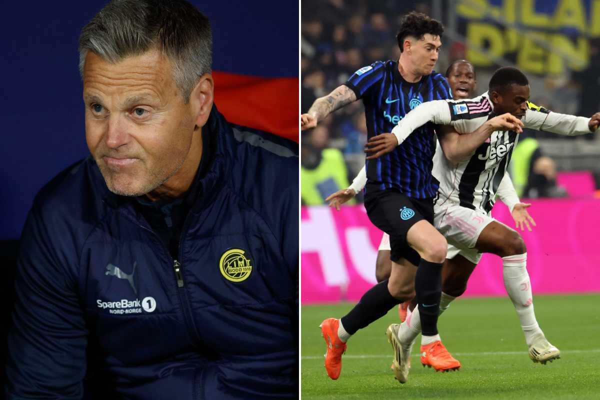 Collage con l'allenatore del Bodo/Glimt Knutsen e Bastoni che contrasta Kalulu
