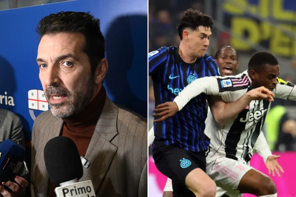 Collage che ritrae Buffon accanto a Bastoni e Kalulu