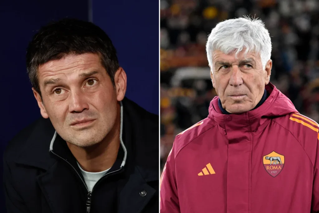 Riccardo Masini e Gian Piero Gasperini, allenatore della Roma, durante una conferenza stampa