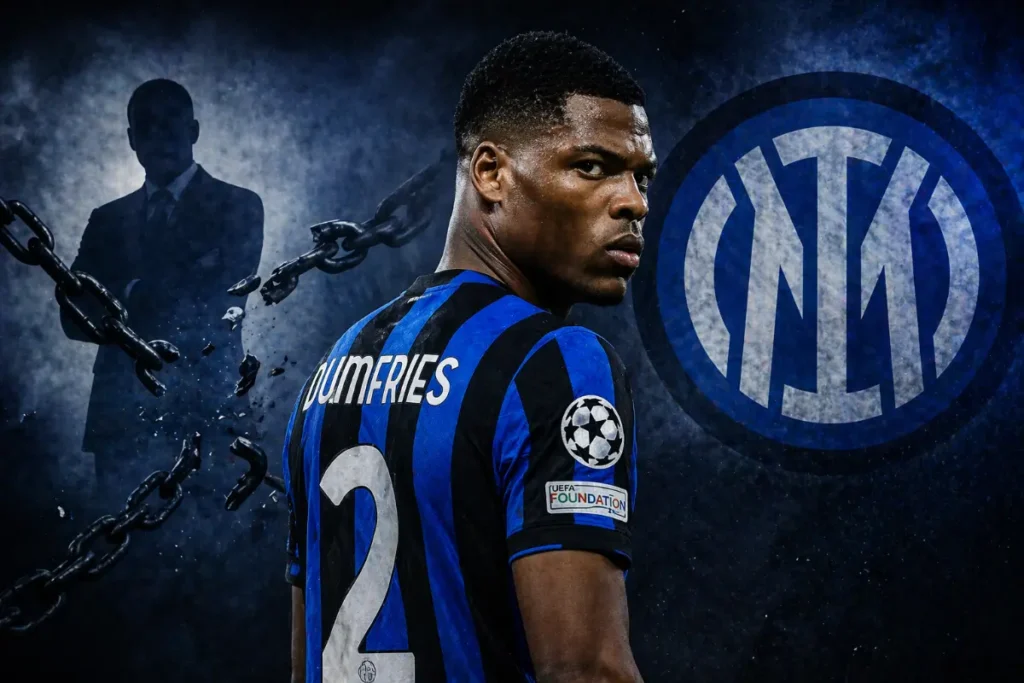 Denzel Dumfries con la maglia dell'Inter