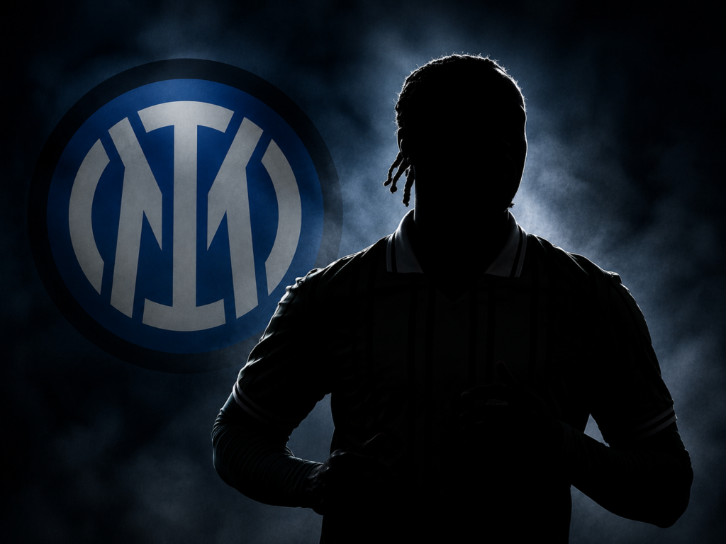 Silhouette di giocatore con logo Inter sullo sfondo, immagine promozionale di mercato