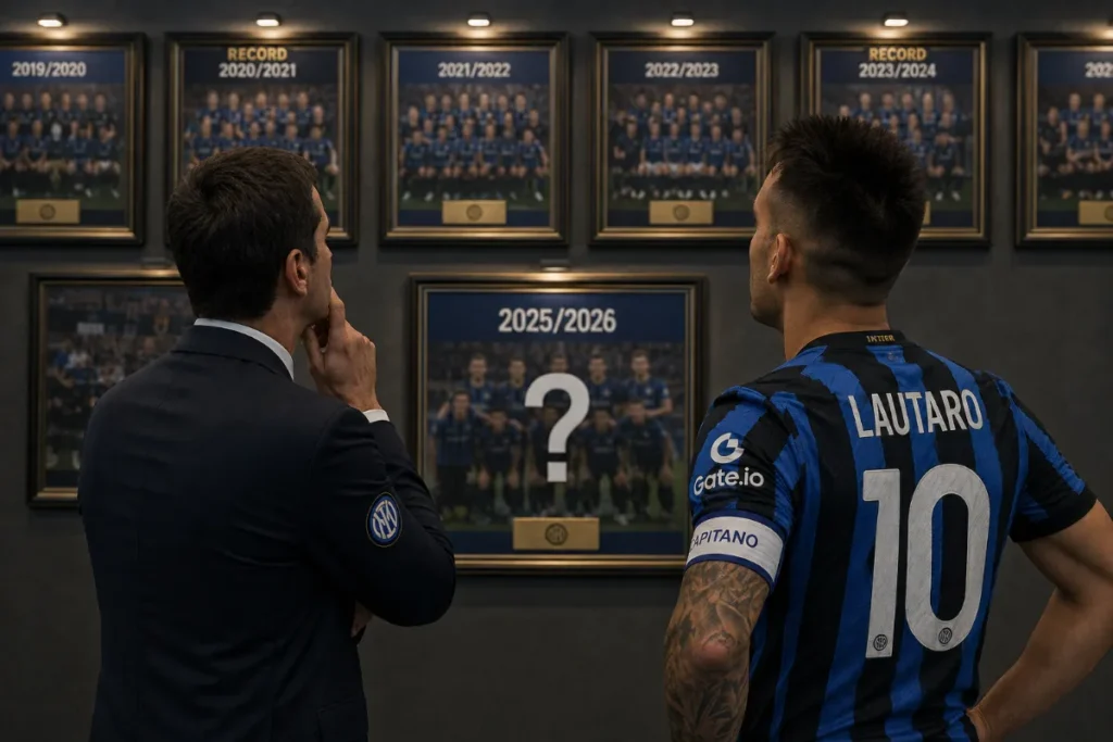 Lautaro Martinez con fascia da capitano dell'Inter osserva il quadro commemorativo della stagione 2025/2026 insieme a un dirigente