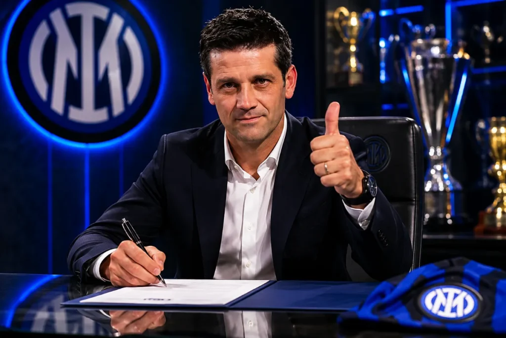 Cristian Chivu firma durante una conferenza stampa all'Inter, con il logo nerazzurro sullo sfondo