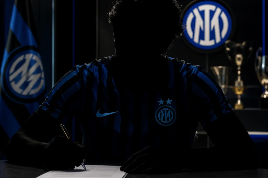 Silhouette di calciatore dell'Inter in maglia nerazzurra in sala stampa con loghi Inter sullo sfondo