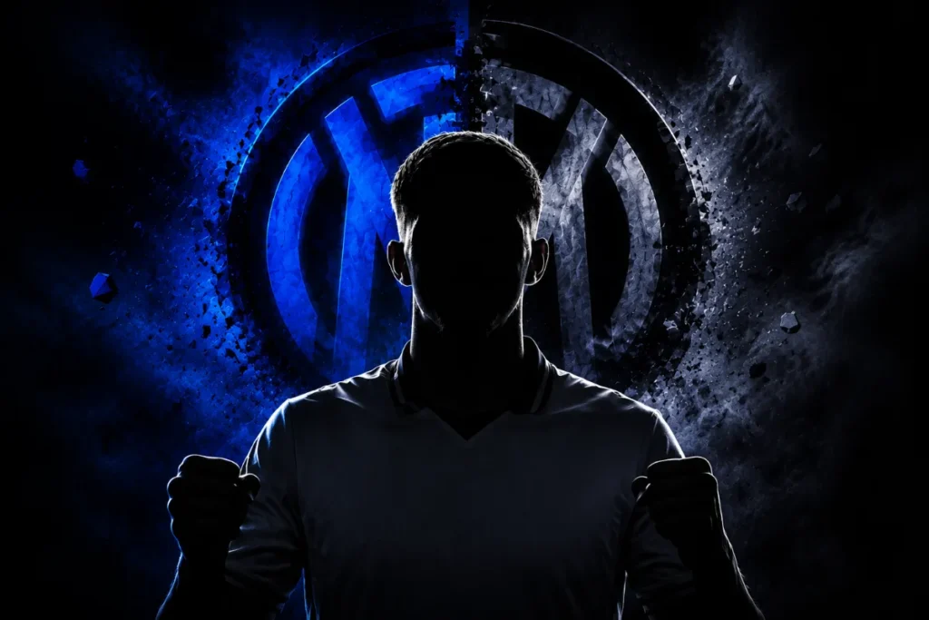 Silhouette di giocatore misterizzato con logo Inter sullo sfondo in tonalità blu