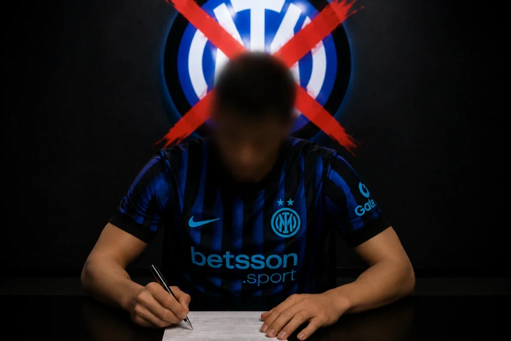 Giocatore dell'Inter in maglia blu indossa betsson.sport firma un documento, volto pixelato, dietro logo Inter stilizzato