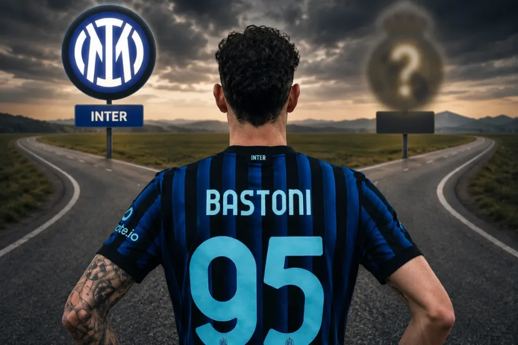 Bastoni con la maglia Inter numero 95 di spalle verso il logo nerazzurro su una strada