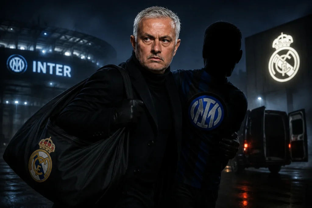 José Mourinho in giacca Inter davanti allo stadio e al logo Real Madrid