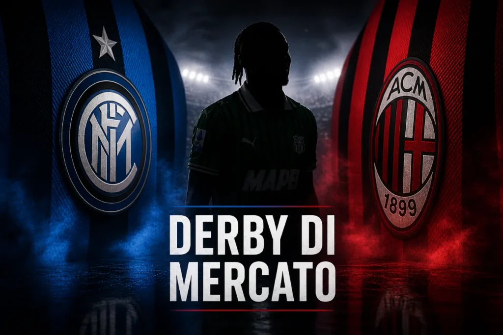 Giocatore silhouette tra gli stemmi di Inter e Milan con scritta Derby di Mercato