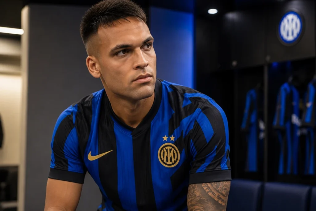 Lautaro Martinez in maglia Inter durante un'intervista, nello spogliatoio con il logo Inter sullo sfondo