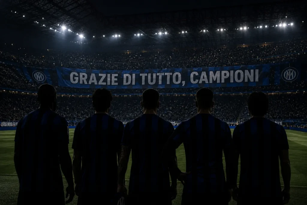 Cinque giocatori dell'Inter in silhouette nello stadio San Siro durante una cerimonia di addio, con lo striscione 'Grazie di tutto, campioni' sullo sfondo e la folla illuminata