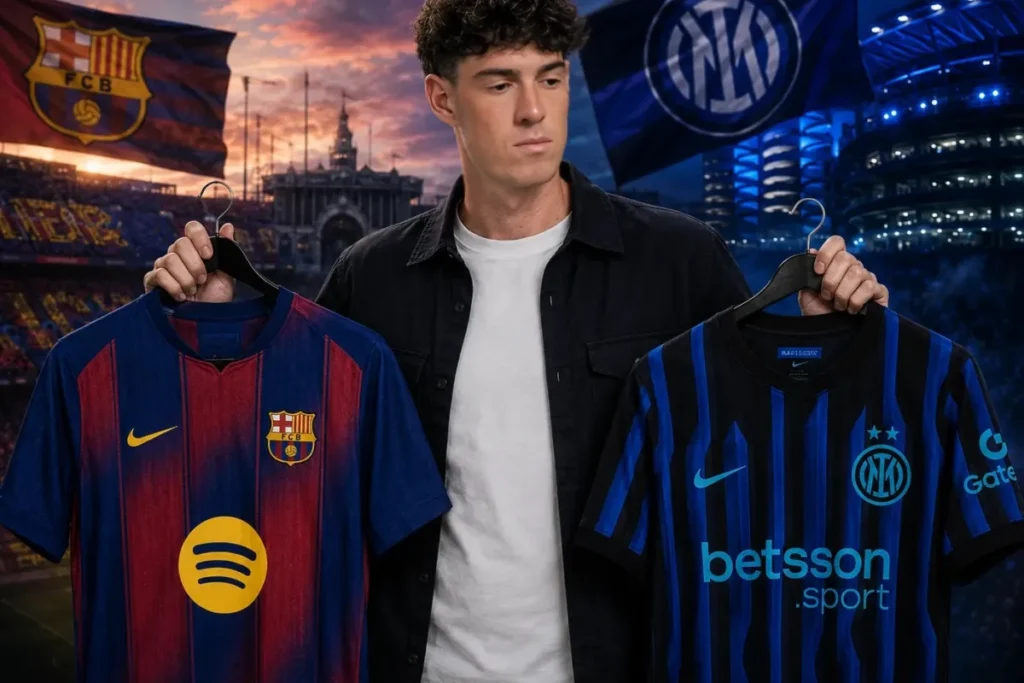Bastoni in posa con maglie Barcelona e Inter in composizione grafica di mercato