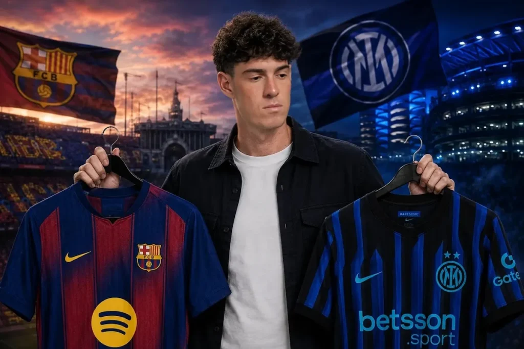 Bastoni con magliette di Barcellona e Inter, simbolo della scelta tra i due club