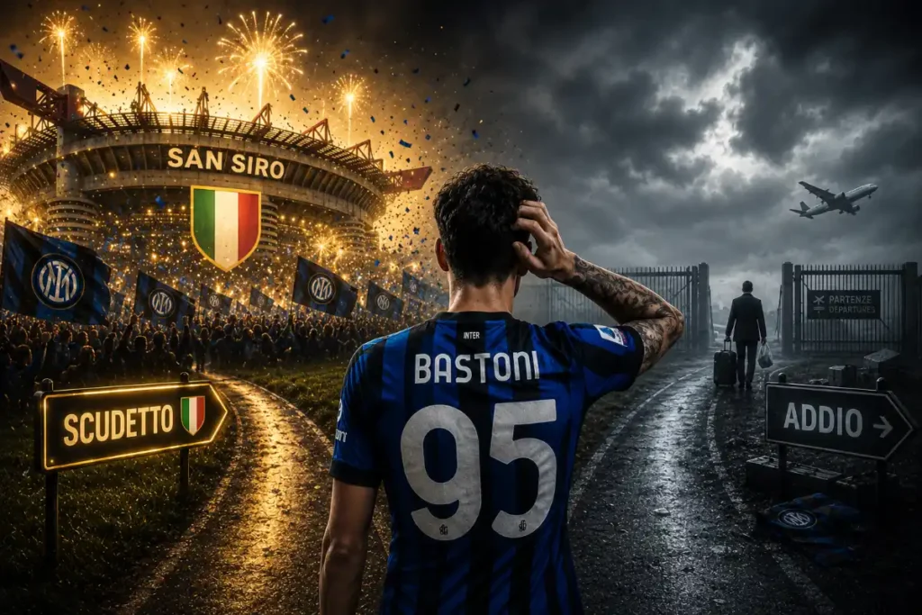 Bastoni con maglia Inter numero 95 riflette guardando lo stadio San Siro illuminato
