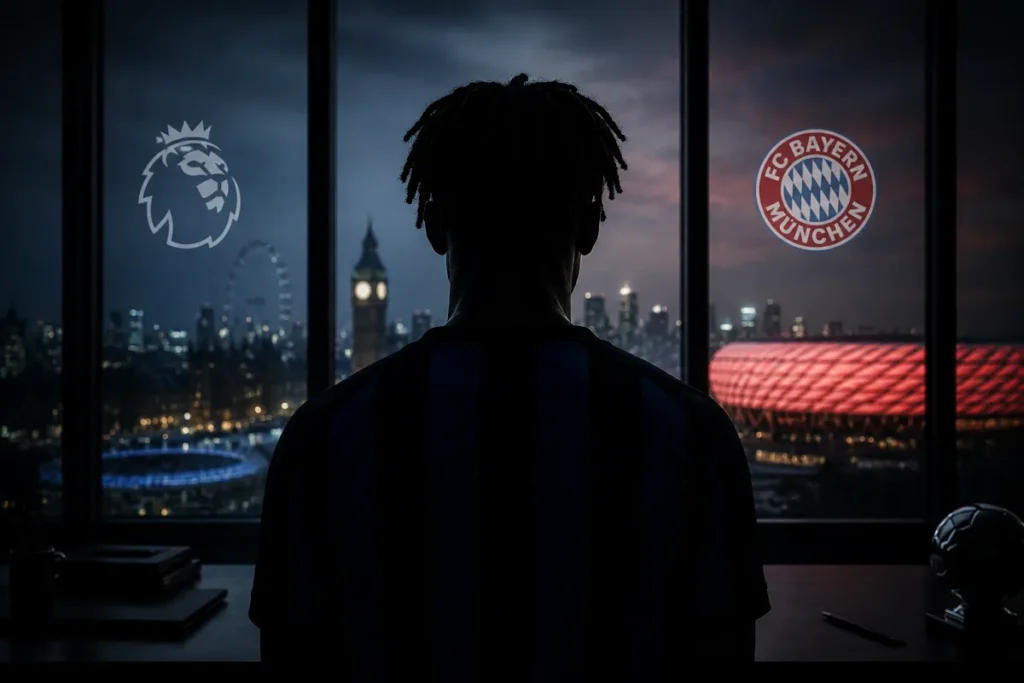 Silhouette di calciatore di spalle davanti a finestra con skyline di Londra, loghi Premier League e Bayern Monaco visibili sullo sfondo