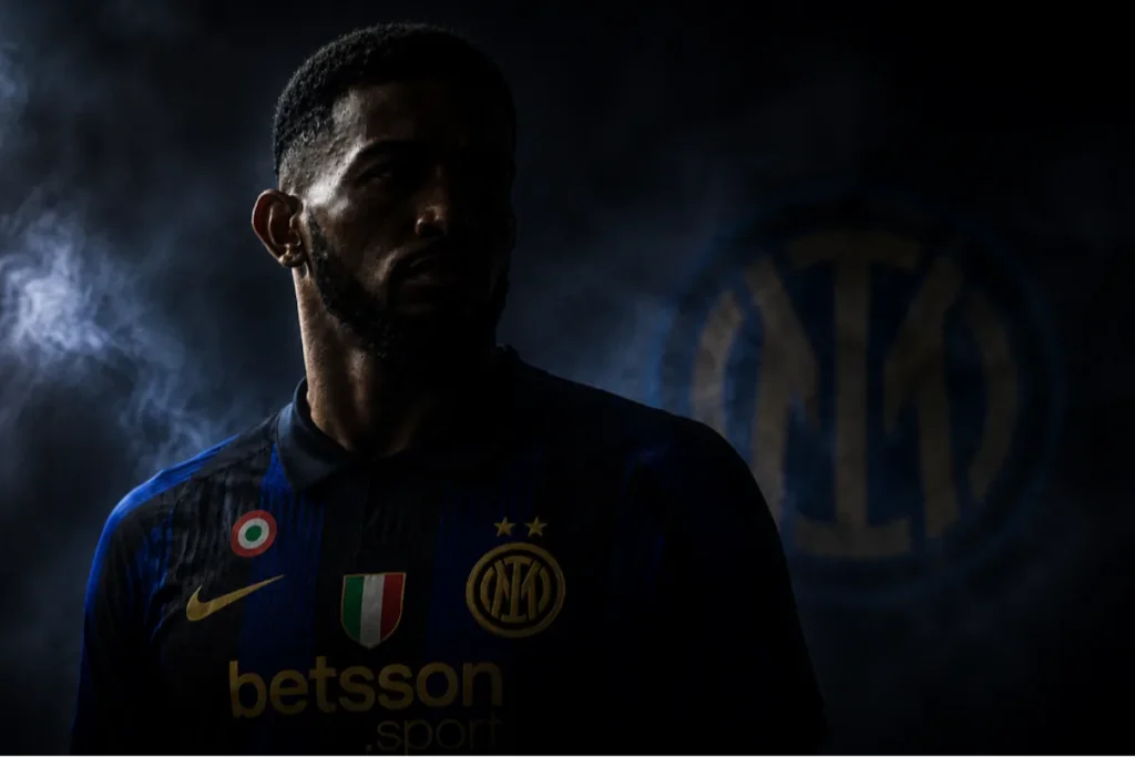 Bremer in primo piano con la maglia dell'Inter blu, logo Inter e sponsor Betsson visibili