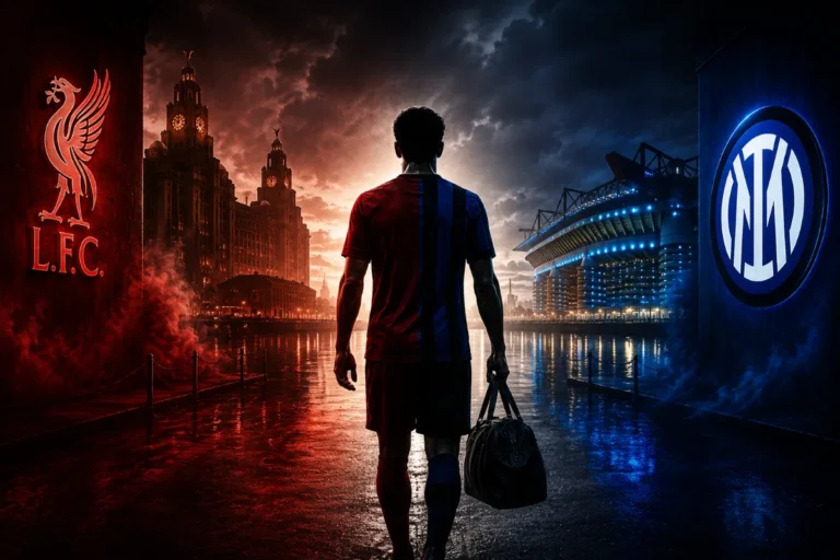 Calciatore con maglia divisa Liverpool-Inter in piedi con borsa, tra gli stadi illuminati dei due club