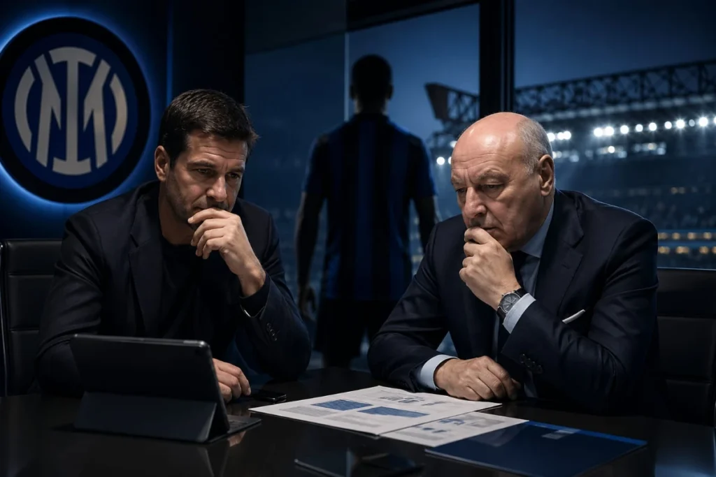 Due dirigenti dell'Inter in riunione nello studio con logo nerazzurro, uno in primo piano osserva documenti
