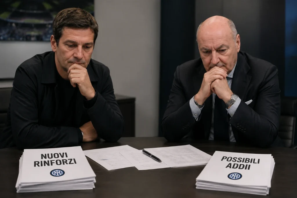 Chivu e Marotta seduti al tavolo durante una riunione di mercato all'Inter