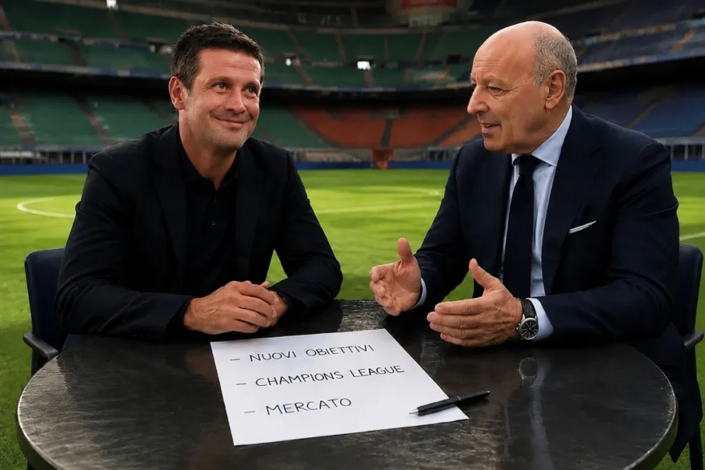 Cristian Chivu e Giuseppe Marotta in colloquio durante una riunione Inter allo stadio