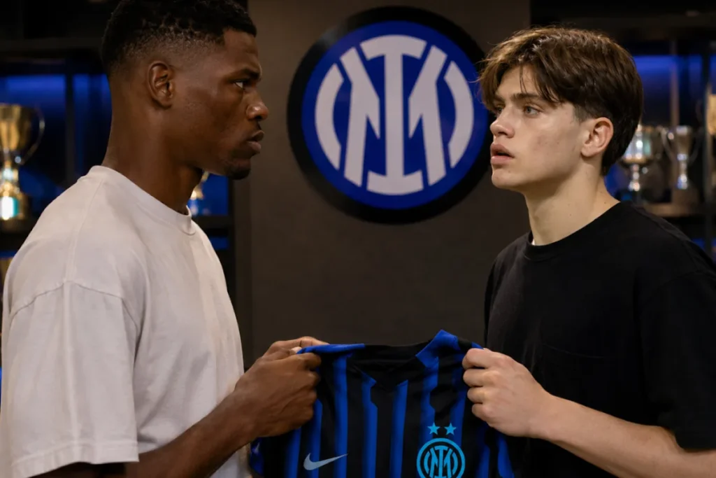 Dumfries e Palestra osservano la maglia nerazzurra con logo Inter sullo sfondo dello spogliatoio