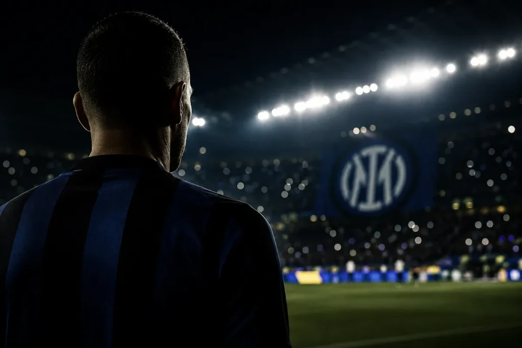 Giocatore dell'Inter di spalle in maglia nerazzurra a bordocampo durante una partita notturna allo stadio