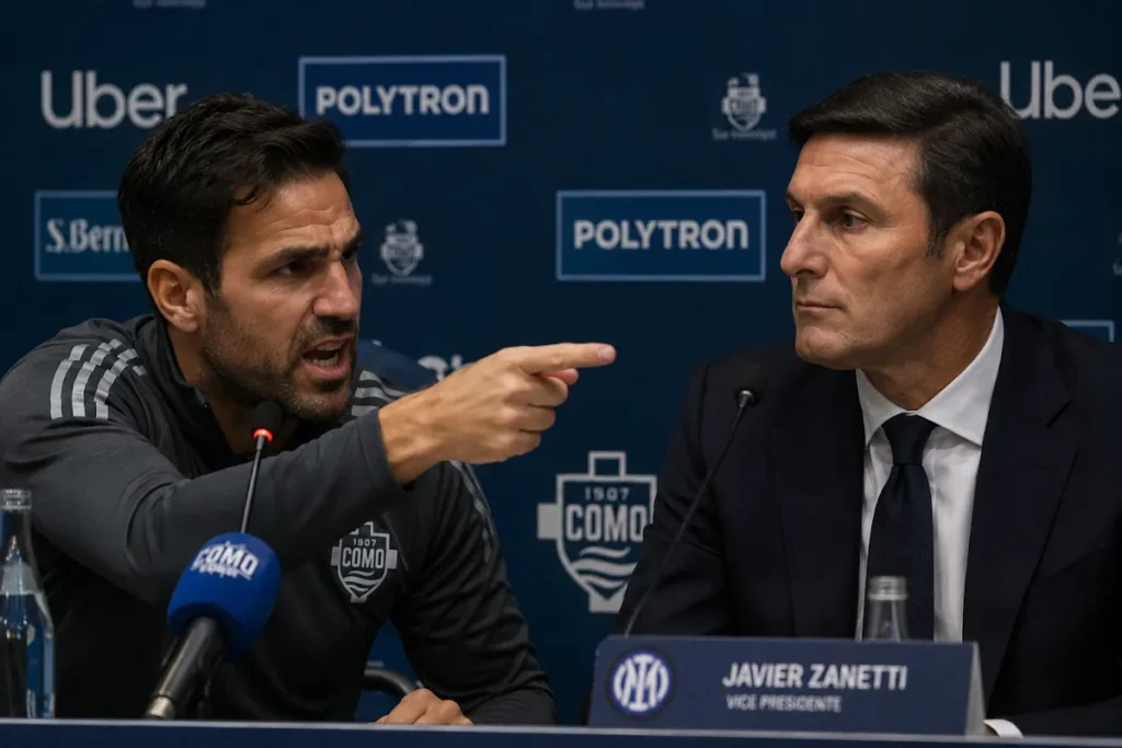 Cesc Fàbregas gesticola durante una conferenza stampa con Javier Zanetti, vice presidente dell'Inter, sullo sfondo il logo del Como