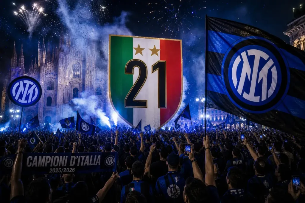 Tifosi Inter celebrano lo Scudetto a Piazza Duomo con bandiere e fuochi d'artificio