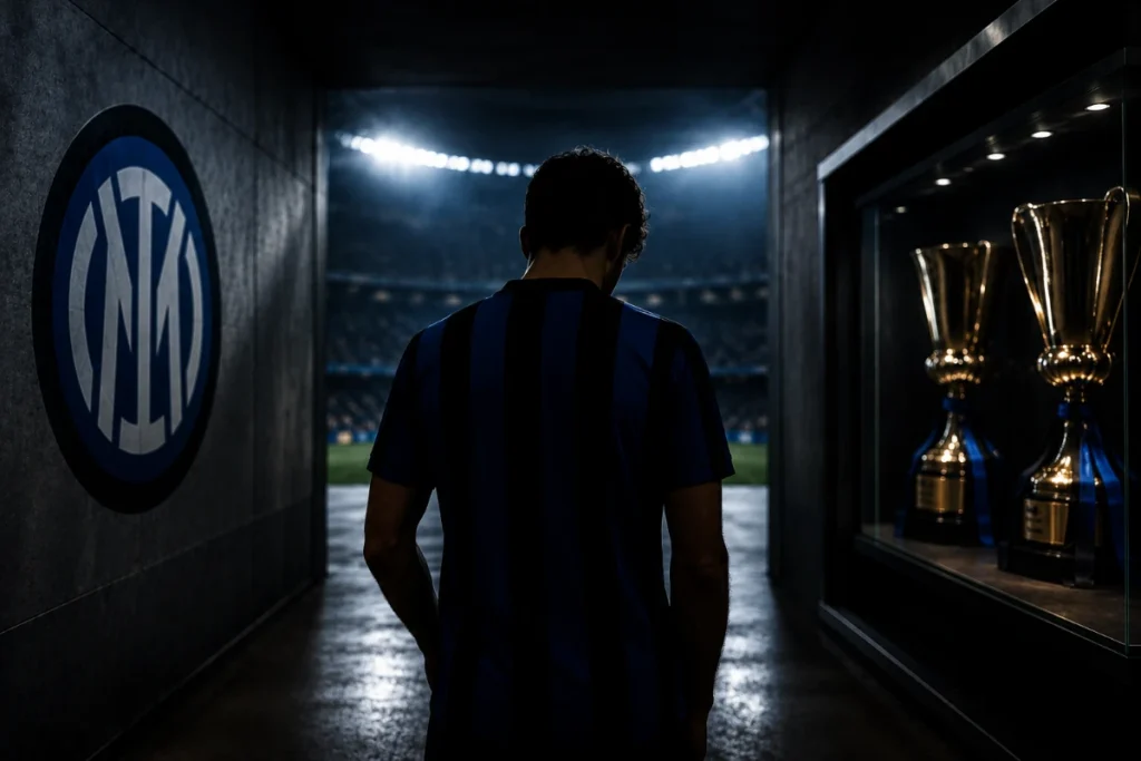 Giocatore dell'Inter in corridoio dello stadio guarda verso il campo, trofei esposti a destra e logo Inter a sinistra