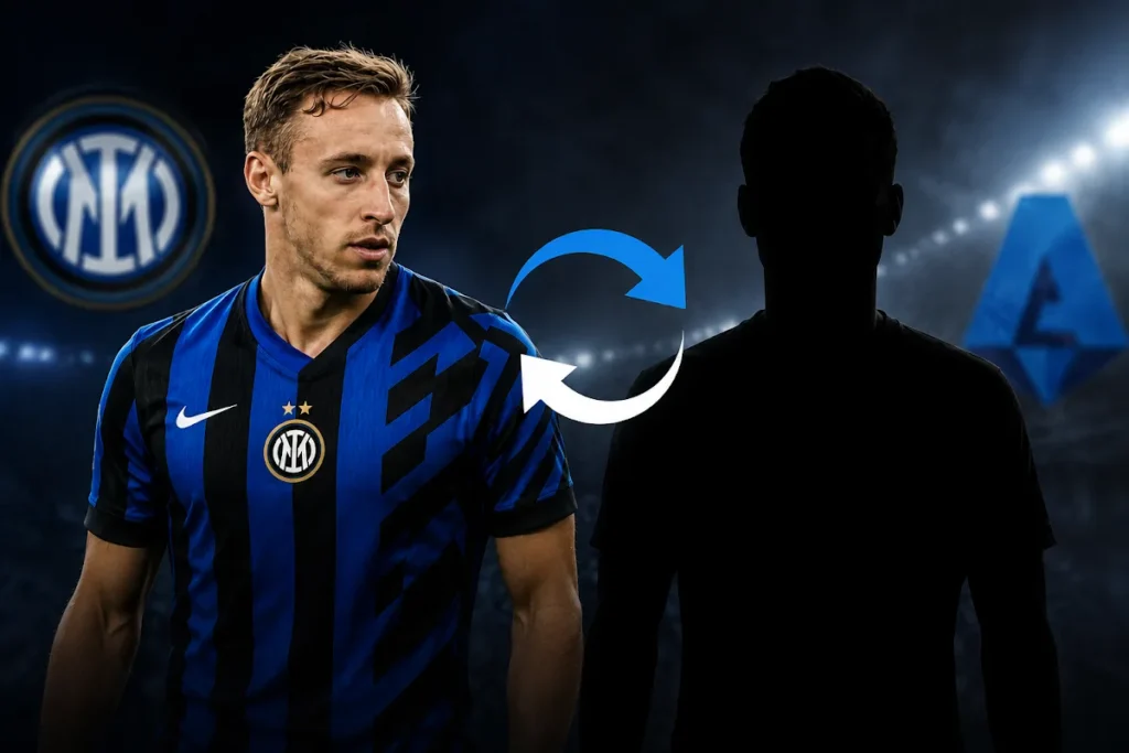 Davide Frattesi in maglia Inter con sfondo stadio, accanto silhouette di giocatore con freccia di scambio