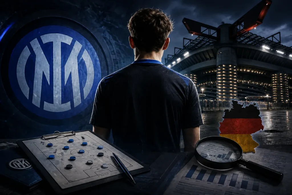 Allenatore Inter analizza la tattica con schema di gioco e focus su un giovane talento della Bundesliga