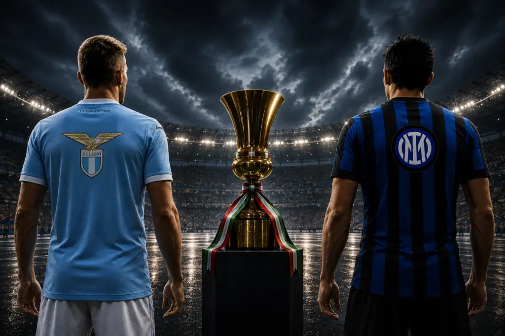 Due calciatori da dietro con maglie di Lazio e Inter davanti al trofeo della Coppa Italia nello stadio