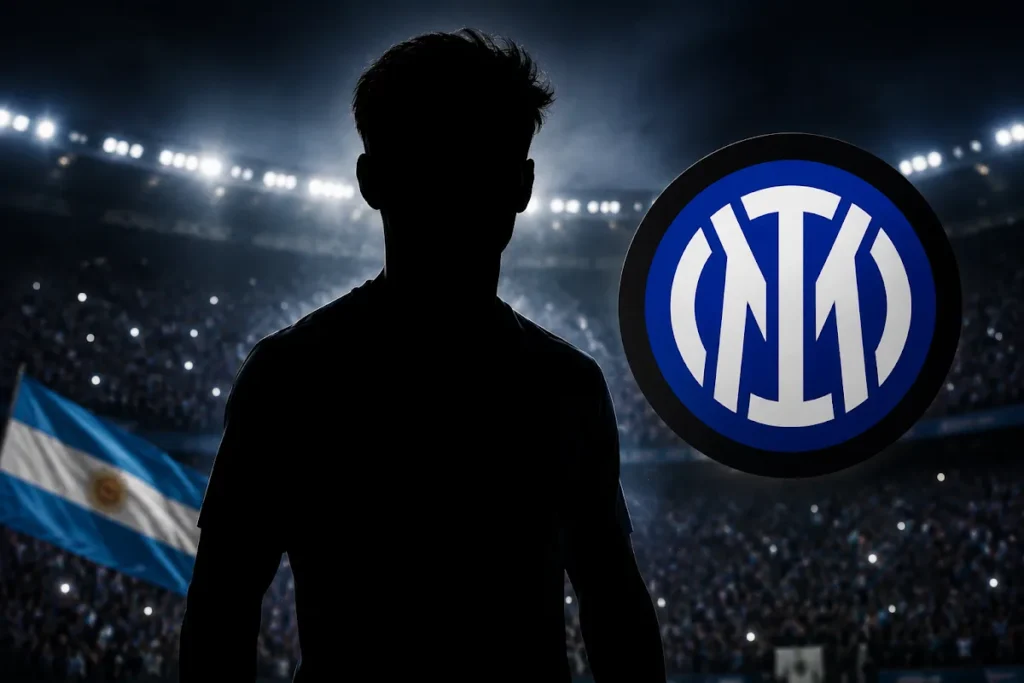 Silhouette di giocatore davanti allo stadio con logo Inter, bandiera argentina sullo sfondo