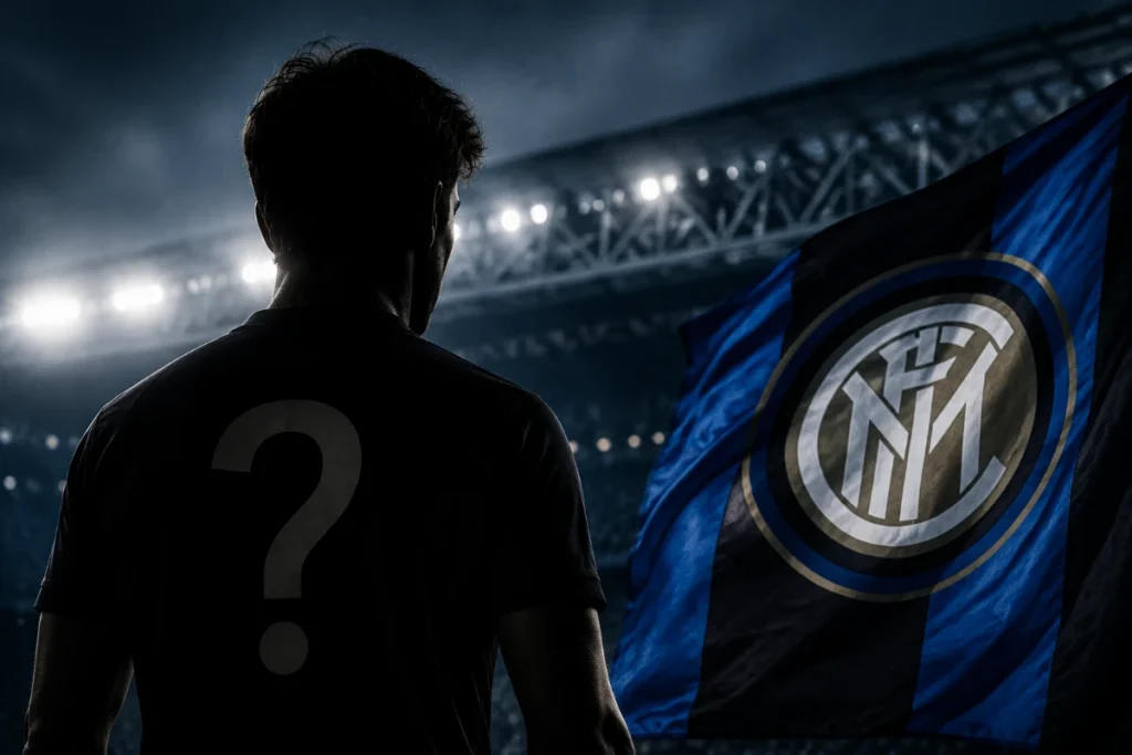 Giocatore dell'Inter visto da dietro con punto interrogativo sulla schiena, davanti allo stemma dell'Inter e allo stadio illuminato