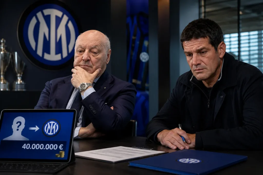 Marotta e Chivu durante una conferenza stampa all'Inter, con schermo che mostra cessione da 40 milioni di euro